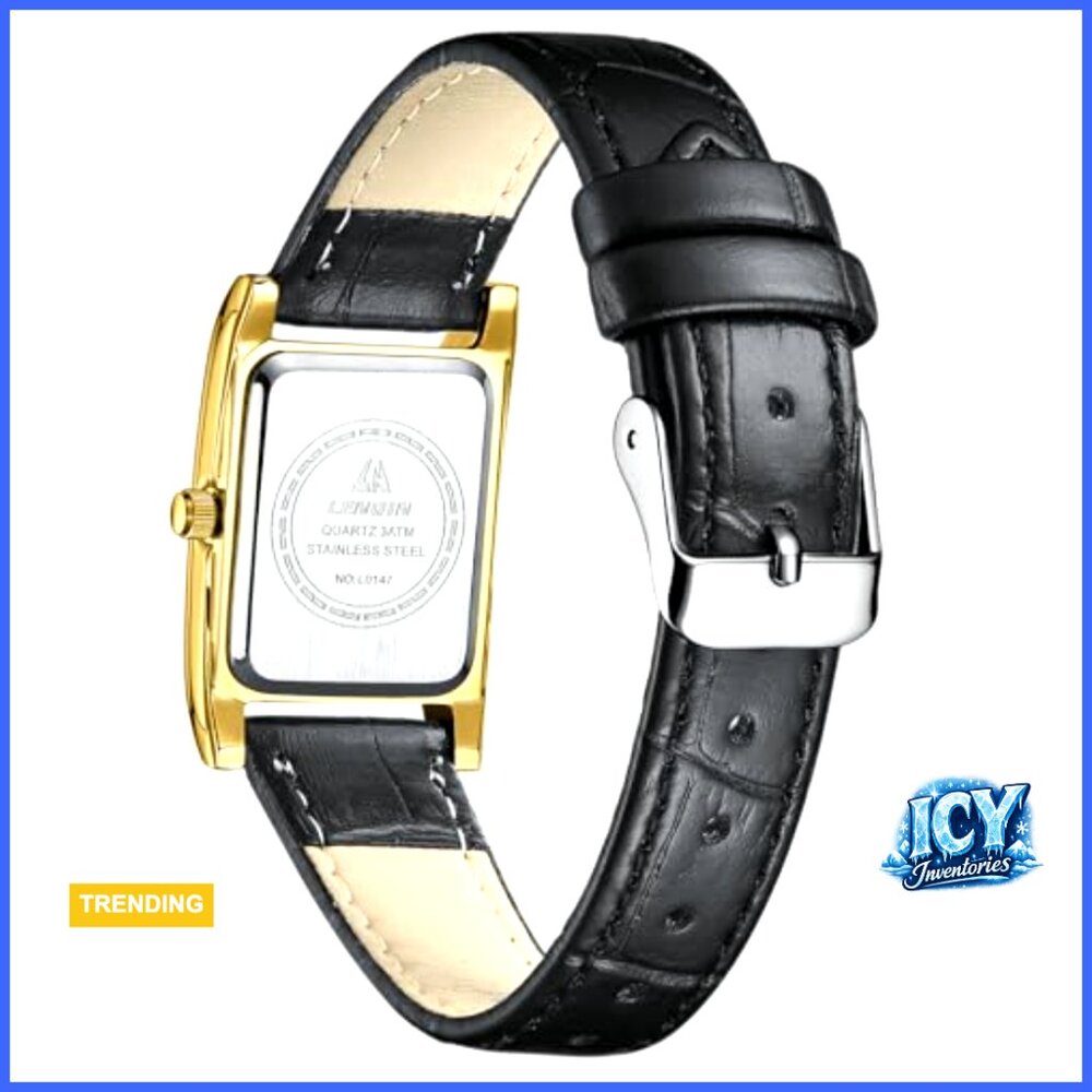 Rectangular Analog Quartz Watch With Leather Stra… - image 2